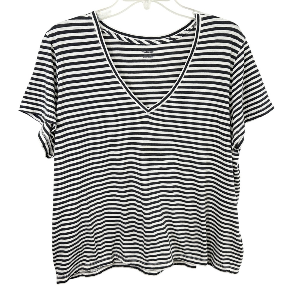 Madewell XXL Top Black White Striped V-Neck Short Sleeve Cotton Monochrome 306